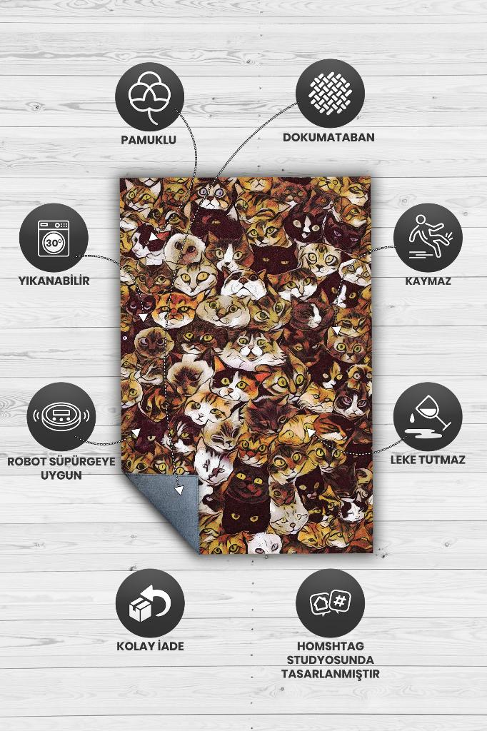 Homshtag Kedi Kafası Kahverengi Halı Minimal Gen Odası Halısı Renkli Salon Halısı Kedili Halı