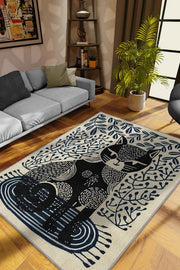 Homshtag Kedi Sanatı, Mavi Renkli Kedi Desenli,İskandinav ,Pamuklu Dokuma Tabanlı Yıkanabilir Bej Kedi Sever Halısı