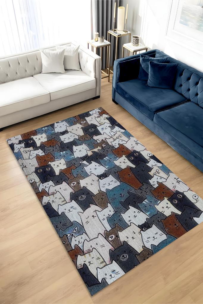 Homshtag Kedi Yüzleri Mavi Renkli Halı Minimal Genç Odası Halısı Kedili Çocuk Odası Halısı