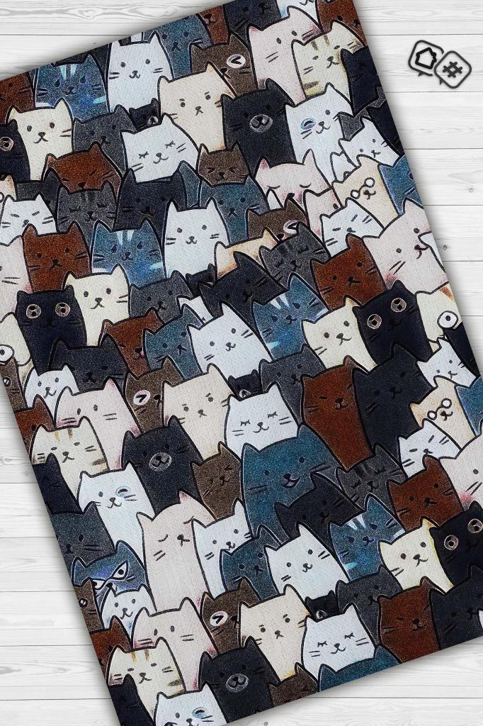 Homshtag Kedi Yüzleri Mavi Renkli Halı Minimal Genç Odası Halısı Kedili Çocuk Odası Halısı