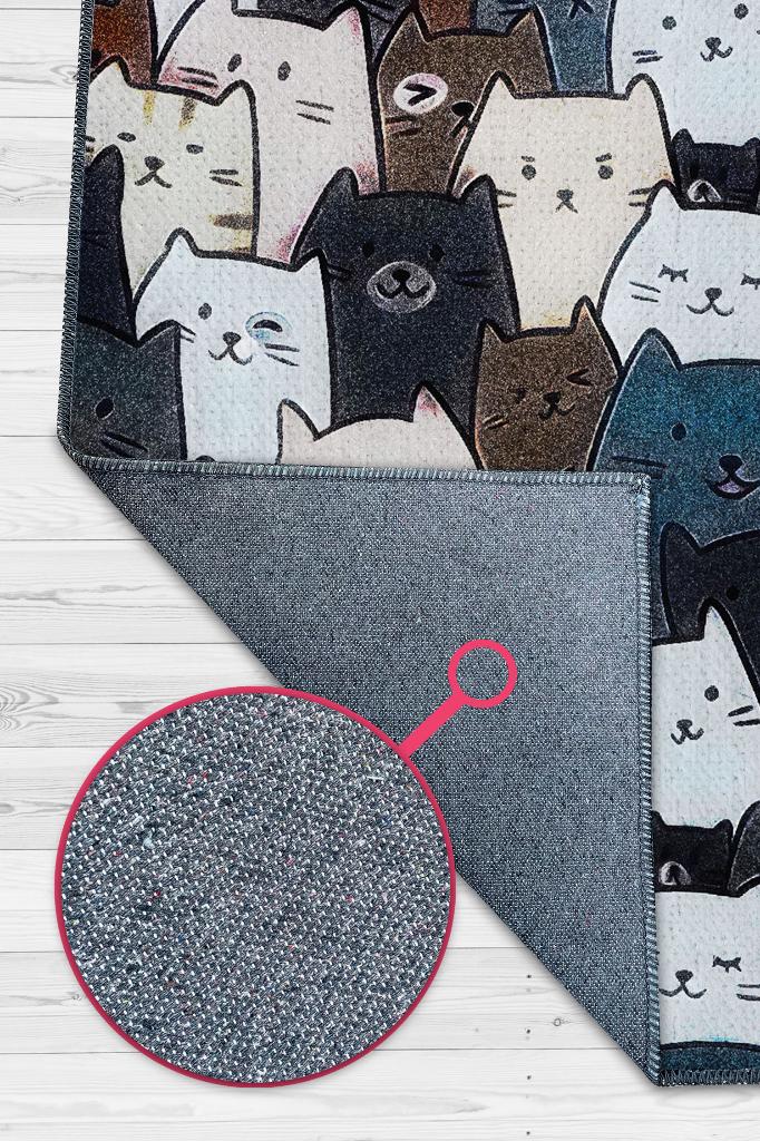 Homshtag Kedi Yüzleri Mavi Renkli Halı Minimal Genç Odası Halısı Kedili Çocuk Odası Halısı