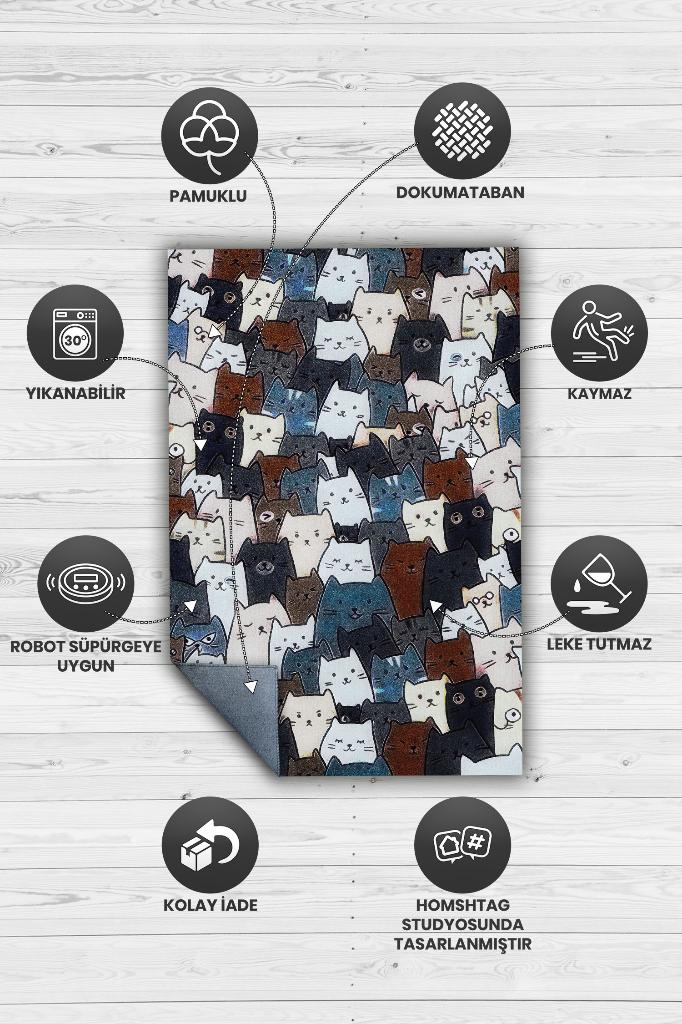 Homshtag Kedi Yüzleri Mavi Renkli Halı Minimal Genç Odası Halısı Kedili Çocuk Odası Halısı