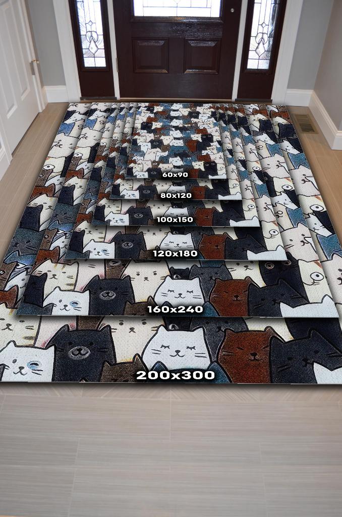 Homshtag Kedi Yüzleri Mavi Renkli Halı Minimal Genç Odası Halısı Kedili Çocuk Odası Halısı