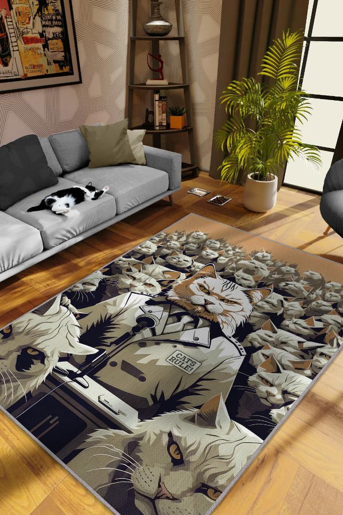 Homshtag Kediler Hükmeder Nude Renkli Kedi Figürlü Halı Özel Tasarım Kedi Sever Genç Odası Halısı