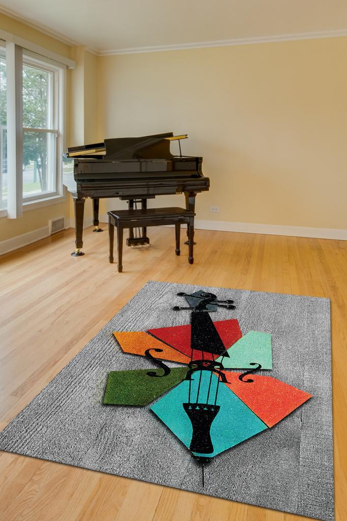 Homshtag Keman Art Müzik Halısı Modern Müzik Halısı Keman Figürlü Renkli Modern Halı