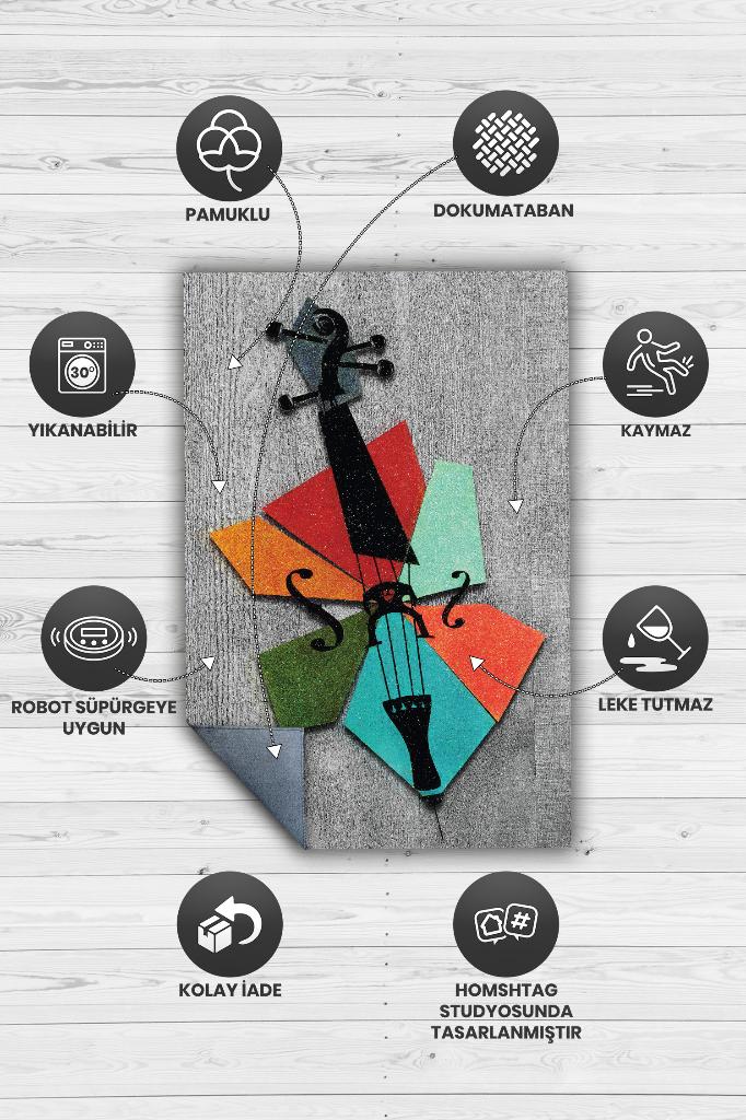 Homshtag Keman Art Müzik Halısı Modern Müzik Halısı Keman Figürlü Renkli Modern Halı