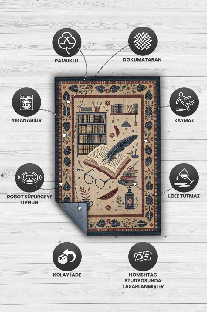 Homshtag Kitap Sever Halısı Kahverengi Kitap Sever Halısı Okuma Sever Çalışma Odası Halısı