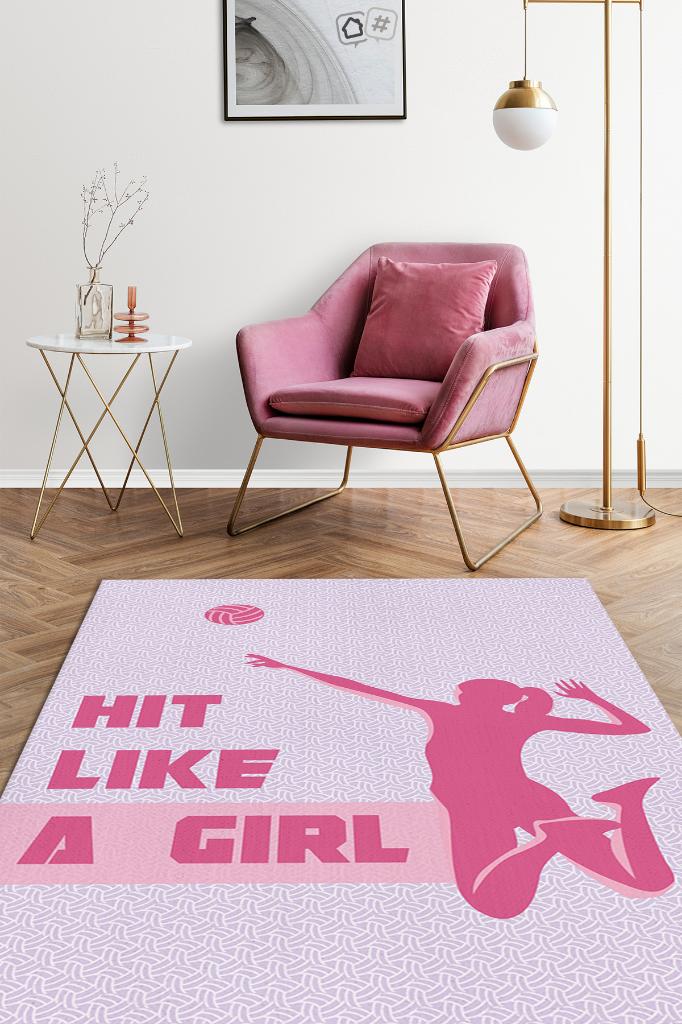 Homshtag Kız Gibi Vur Çok Renkli Halı Voleybol Sever Halısı Spor Severler İçin Pembe Mor Halı