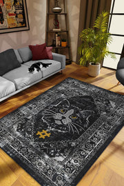 Homshtag Kolye Hashtag Siyah Gri Salon Halısı Etnik Desenli Halı Kedi Figürlü Oturma Odası Halısı