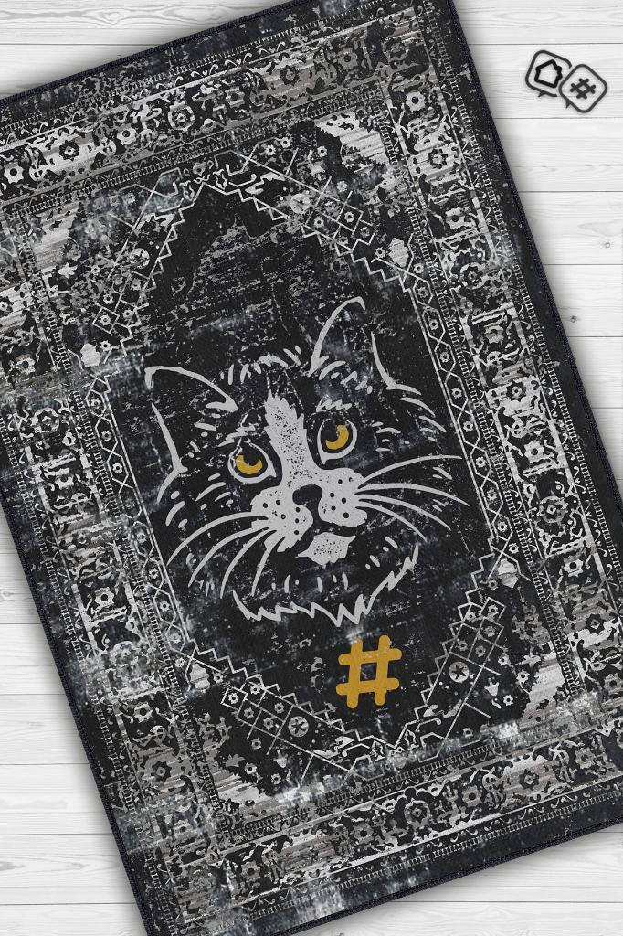 Homshtag Kolye Hashtag Siyah Gri Salon Halısı Etnik Desenli Halı Kedi Figürlü Oturma Odası Halısı
