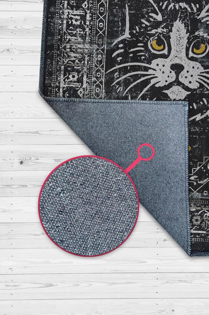 Homshtag Kolye Hashtag Siyah Gri Salon Halısı Etnik Desenli Halı Kedi Figürlü Oturma Odası Halısı