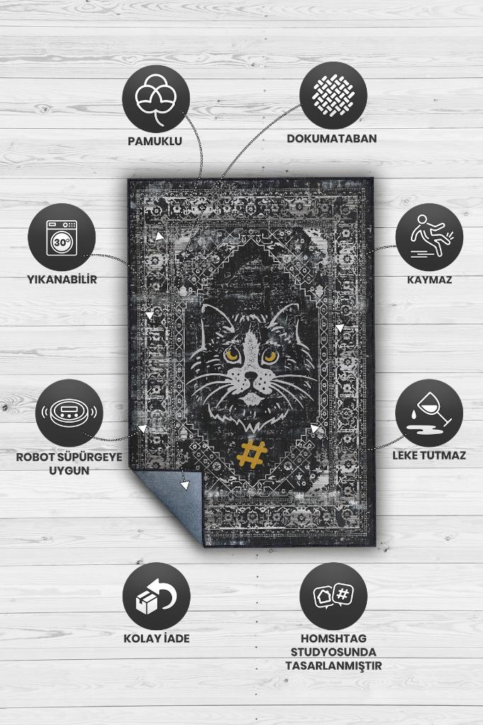 Homshtag Kolye Hashtag Siyah Gri Salon Halısı Etnik Desenli Halı Kedi Figürlü Oturma Odası Halısı