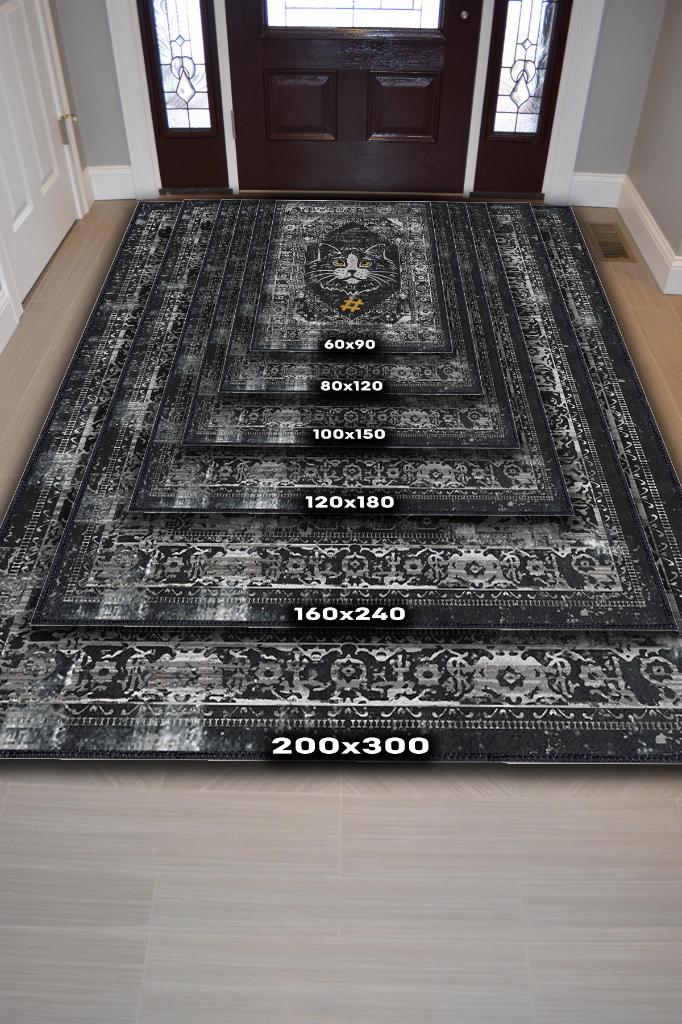 Homshtag Kolye Hashtag Siyah Gri Salon Halısı Etnik Desenli Halı Kedi Figürlü Oturma Odası Halısı