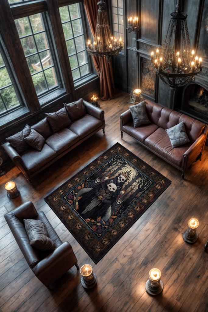 Homshtag Korku Temalı Halı Kurukafa Figürlü Salon Halı Koyu Renk Halı Gotik Korku Sanatı Halısı