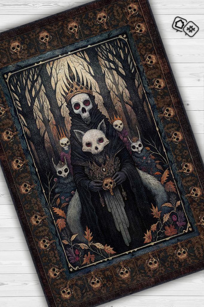 Homshtag Korku Temalı Halı Kurukafa Figürlü Salon Halı Koyu Renk Halı Gotik Korku Sanatı Halısı