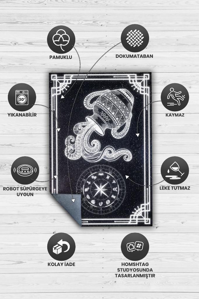 Homshtag Kova Burcu Astroloji Temalı Halı Burç Halısı Kova Burcuna Hediyelik Halı Siyah Renk Halı
