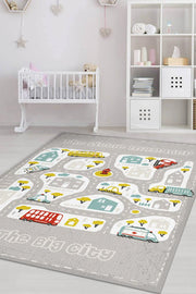 Homshtag Küçük Müdür Yol Temalı Gri Renkli Halı Yumuşak Dokulu Çocuk Odası Halısı Rustik Çocuk Halısı