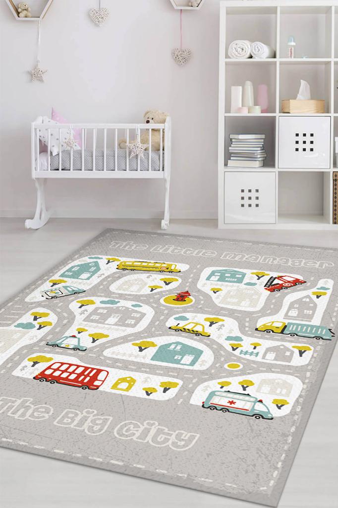 Homshtag Küçük Müdür Yol Temalı Gri Renkli Halı Yumuşak Dokulu Çocuk Odası Halısı Rustik Çocuk Halısı