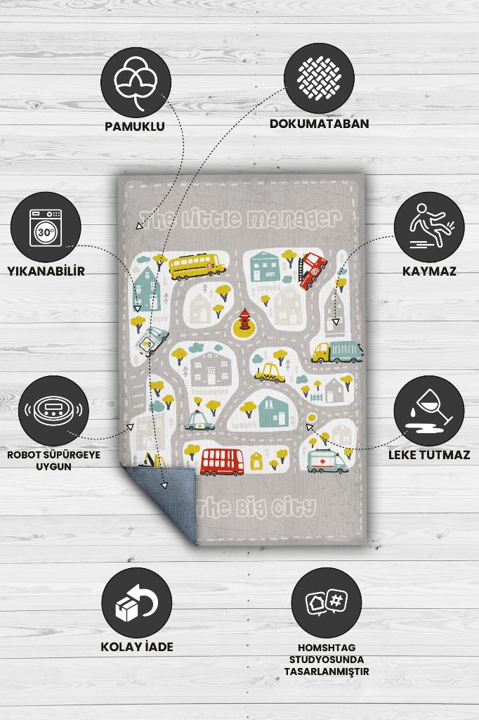 Homshtag Küçük Müdür Yol Temalı Gri Renkli Halı Yumuşak Dokulu Çocuk Odası Halısı Rustik Çocuk Halısı