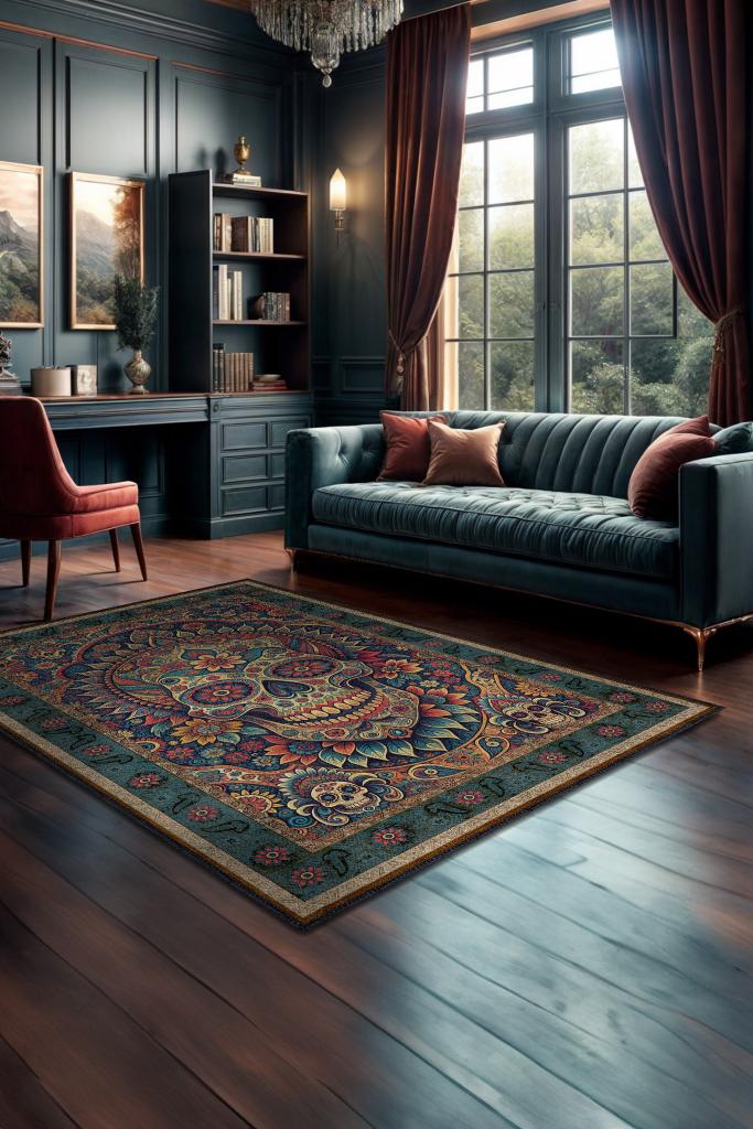 Homshtag Kuru Kafa Figürlü Korku Kurukafalı Salon Halısı Koyu Renkli Oturma Odası Halı Konsept Halı