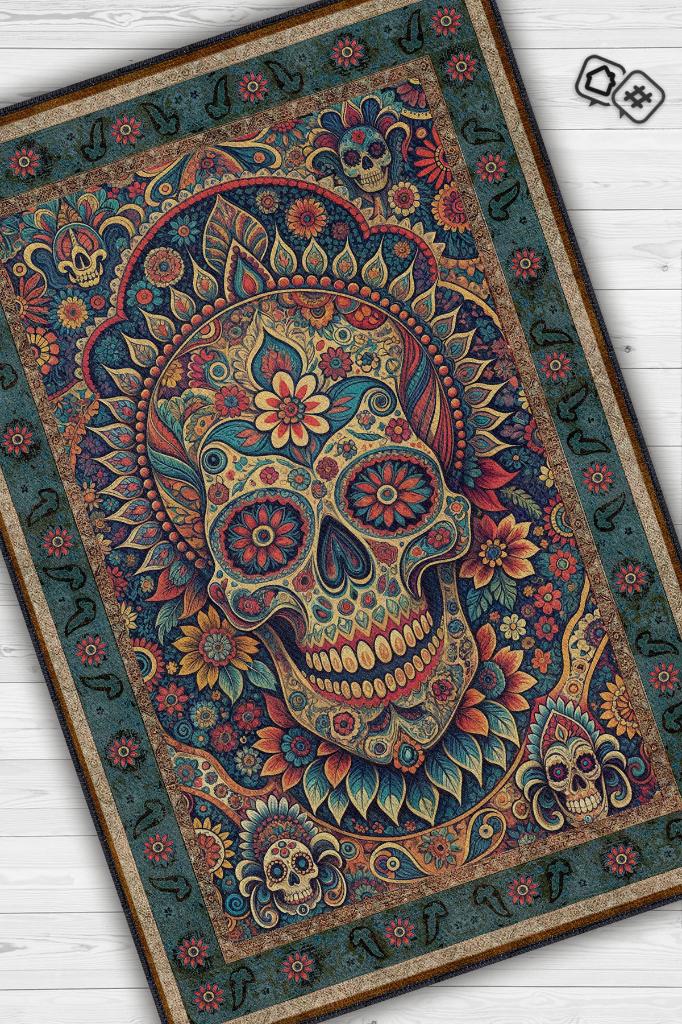 Homshtag Kuru Kafa Figürlü Korku Kurukafalı Salon Halısı Koyu Renkli Oturma Odası Halı Konsept Halı