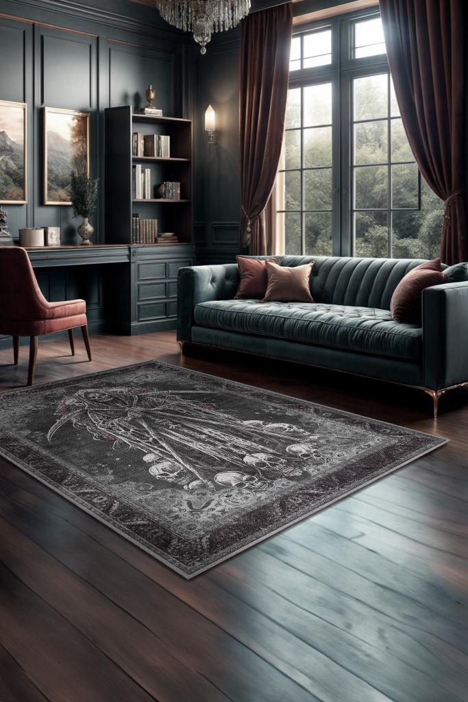 Homshtag KuruKafa Figürlü Korku Temalı Salon Halı Siyah Gri Renk Halı Gotik Korku Sanatı Konsept Halı