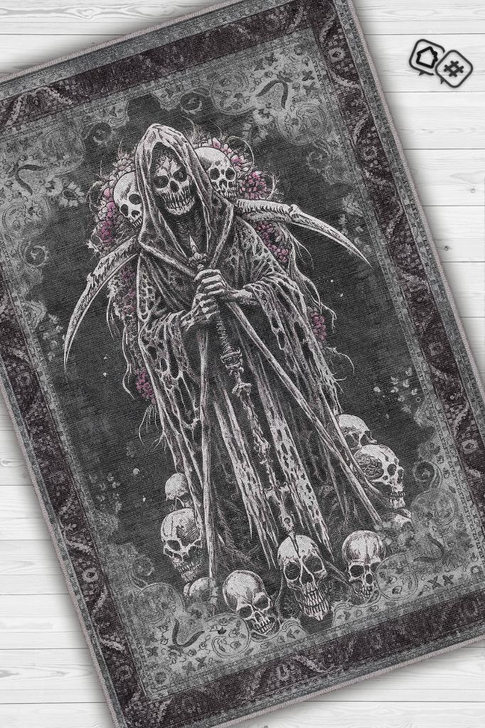 Homshtag KuruKafa Figürlü Korku Temalı Salon Halı Siyah Gri Renk Halı Gotik Korku Sanatı Konsept Halı