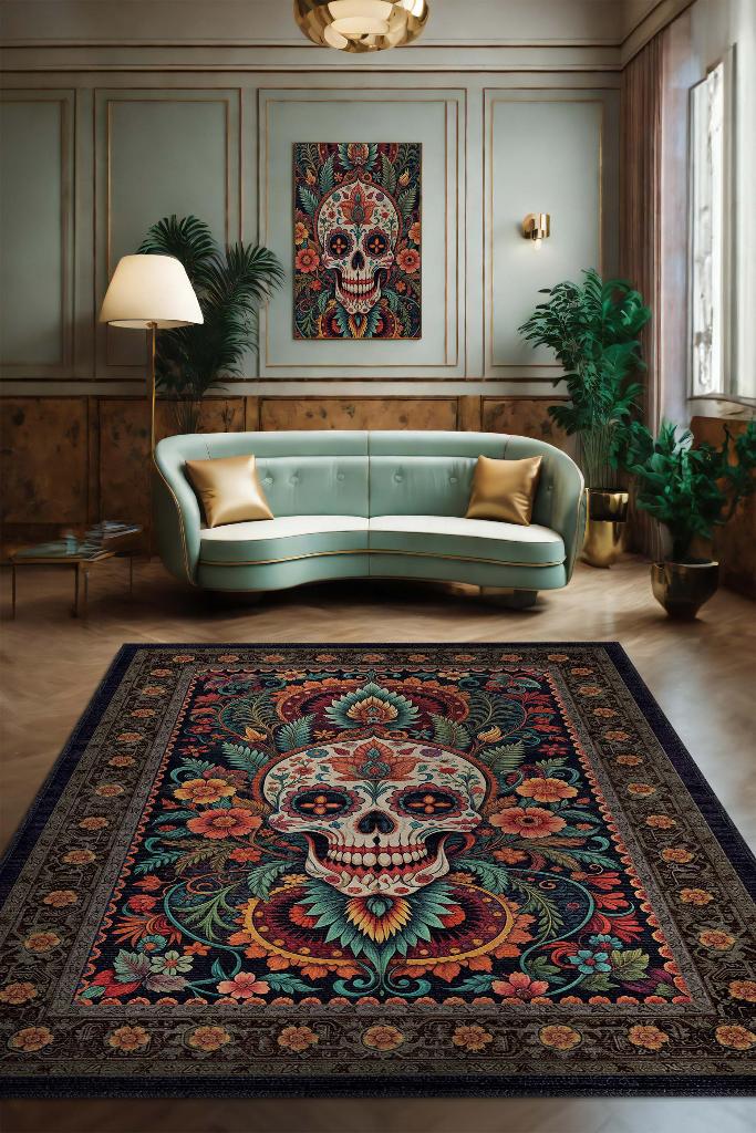 Homshtag KuruKafa Figürlü Korku Temalı Salon Halısı Gotik Çok Renkli Oturma Odası Halı Konsept Halı