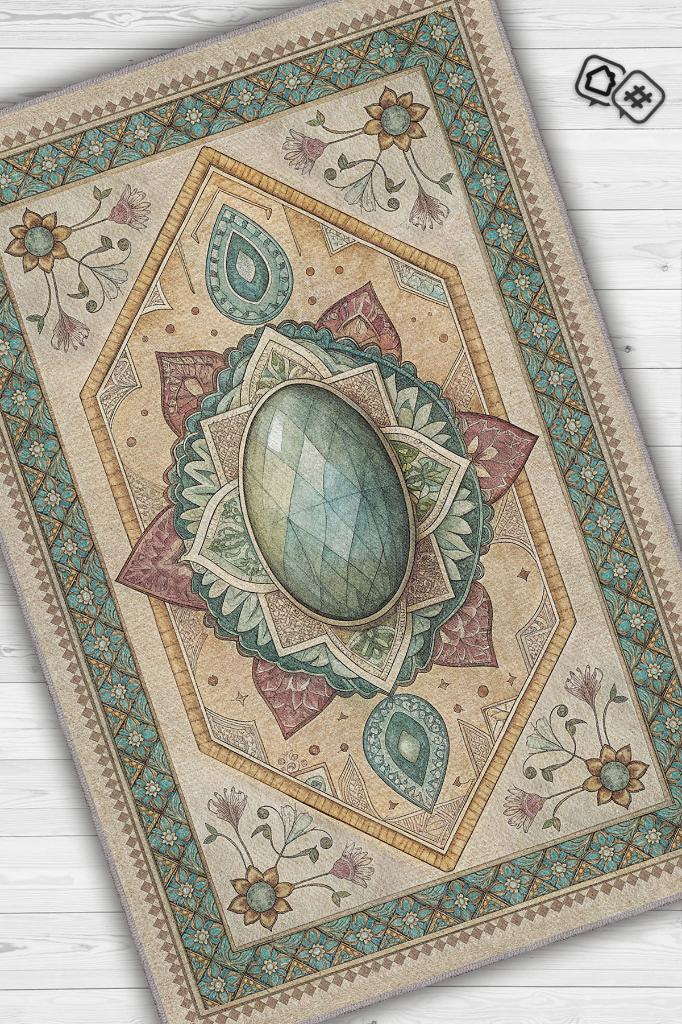 Homshtag Labradorit Taşı Halısı Yeşil Renkli Enerji Taşı Figürlü Halı Spiritüel Temalı Modern Halı