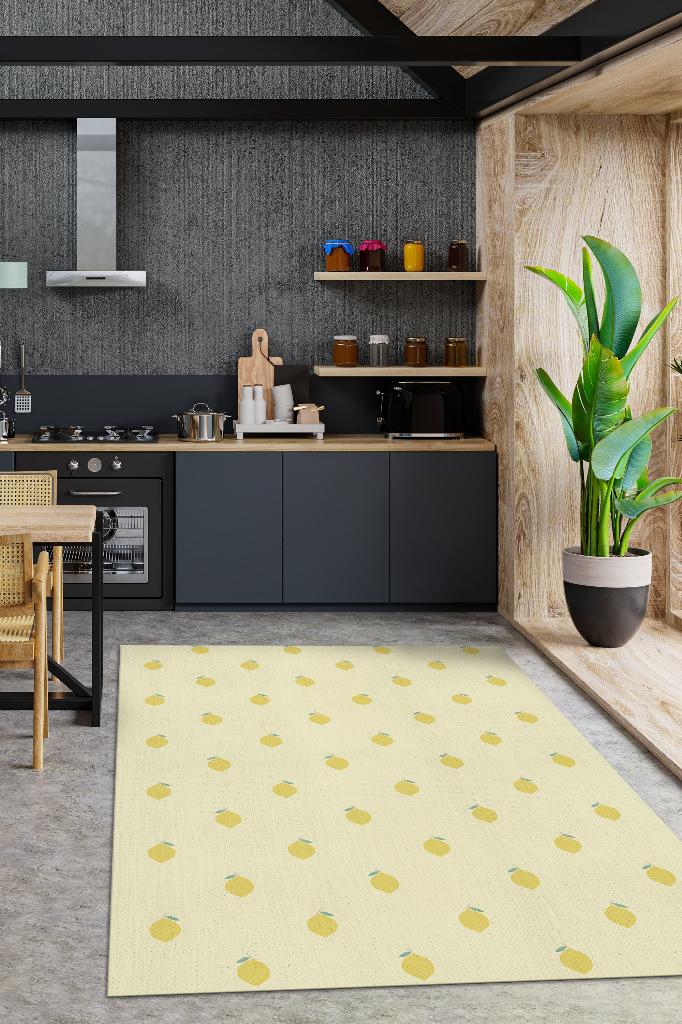 Homshtag Limon Desenli Sarı Halı Minimal Salon Halısı Renkli Mutfak Halısı Tarz Oturma Odası Halı