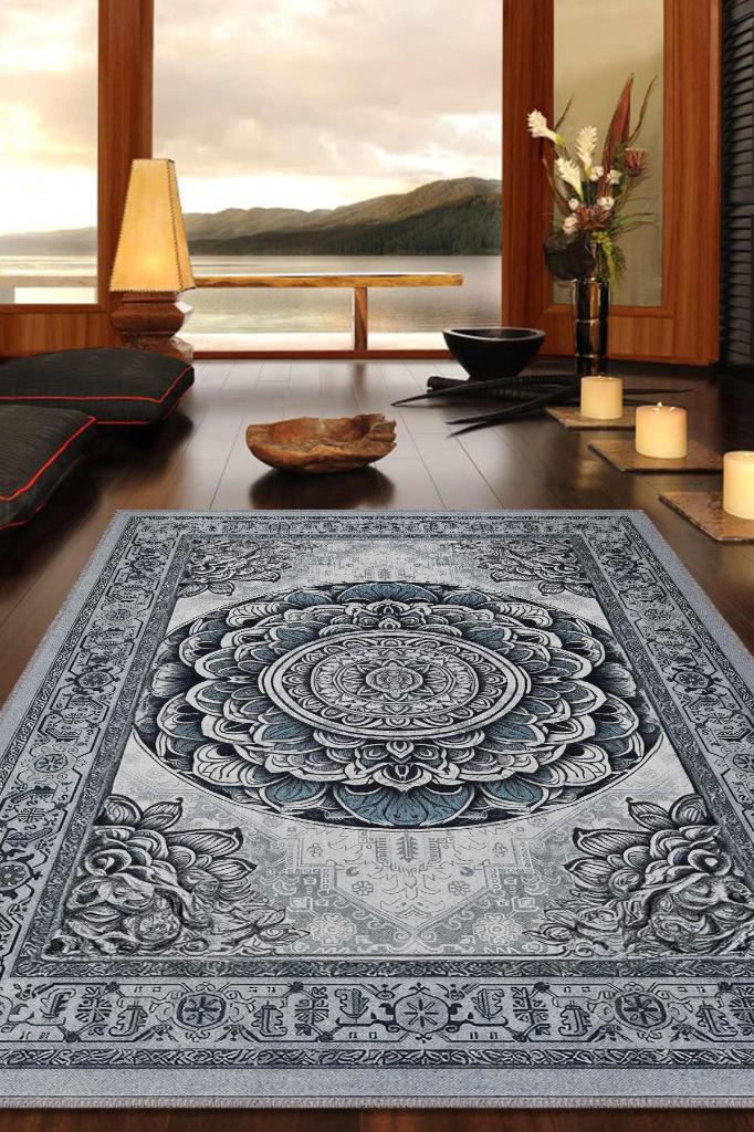 Homshtag Mavi Mandala Halısı,Meditasyon Mavi Gri Halı,Madala Desenli Çiçekli Vintage Halı,Yoga Halısı,Sipiritüel Halı