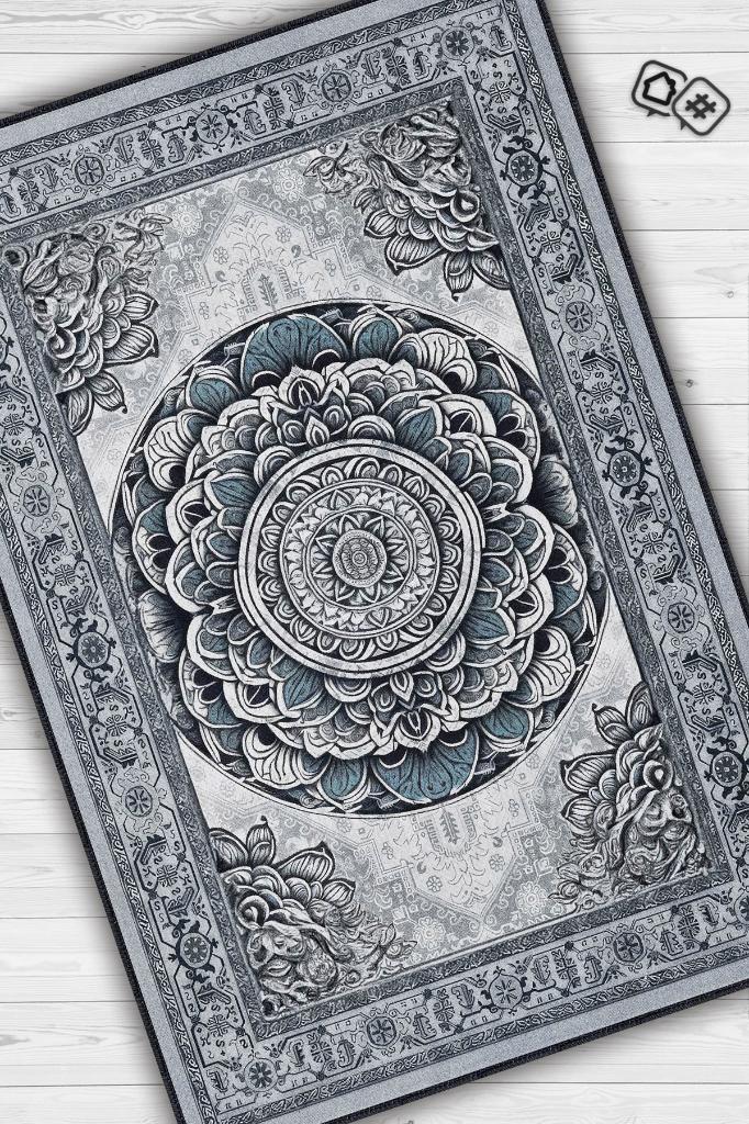 Homshtag Mavi Mandala Halısı,Meditasyon Mavi Gri Halı,Madala Desenli Çiçekli Vintage Halı,Yoga Halısı,Sipiritüel Halı