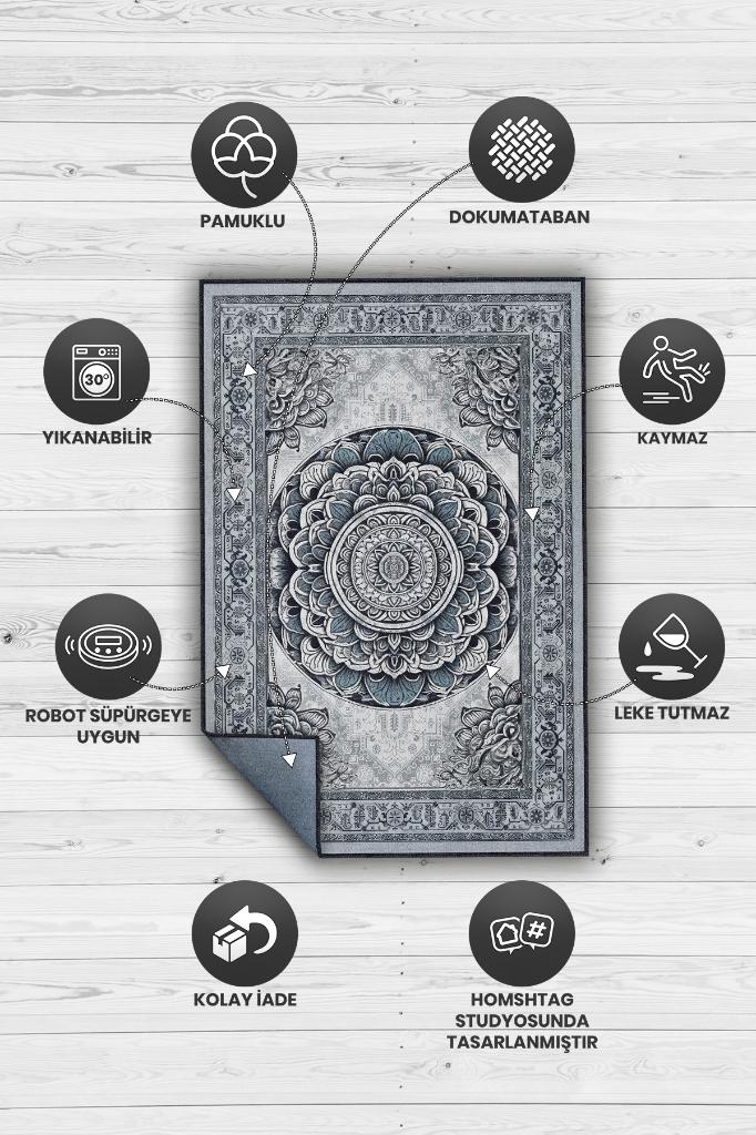 Homshtag Mavi Mandala Halısı,Meditasyon Mavi Gri Halı,Madala Desenli Çiçekli Vintage Halı,Yoga Halısı,Sipiritüel Halı