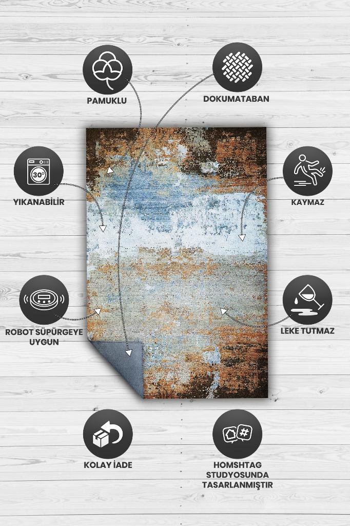 Homshtag Mavi Toprak Çok Renkli Mutfak Halısı Soyut Salon Halısı Mavi Renkli Geometrik Desenli Halı