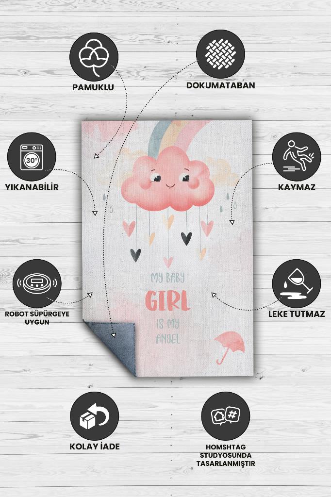 Homshtag Melek Kızım Pembe Beyaz Renkli Çocuk Odası Halısı Minimal Çocuk Halısı Bebek Temalı Halı