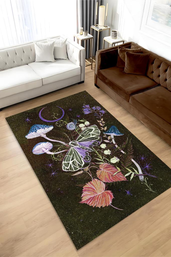 Homshtag Mikro Orman Koyu Renkli Mantarlı Mutfak Halısı Siyah Mantar Baskılı Özel Tasarım Halı