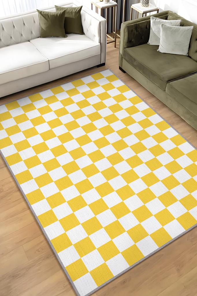 Homshtag Minimalist Damalı Sarı Beyaz Halı Kareli Oturma Odası Halısı Retro Tarzı Salon Halısı
