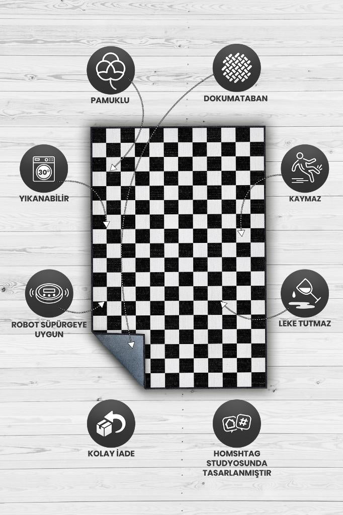 Homshtag Minimalist Damalı Siyah Beyaz Halı Kareli Oturma Odası Halısı Retro Tarzı Salon Halısı