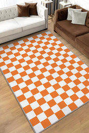 Homshtag Minimalist Damalı Turuncu Beyaz Halı Kareli Oturma Odası Halısı Retro Tarzı Salon Halısı