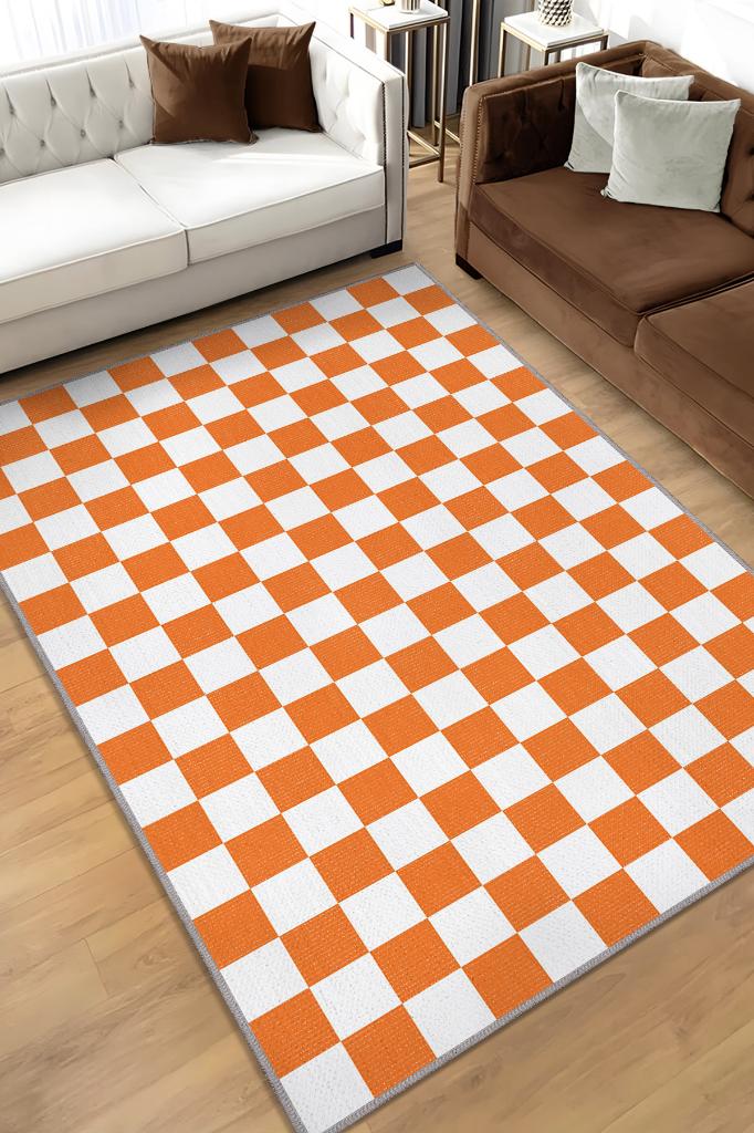 Homshtag Minimalist Damalı Turuncu Beyaz Halı Kareli Oturma Odası Halısı Retro Tarzı Salon Halısı