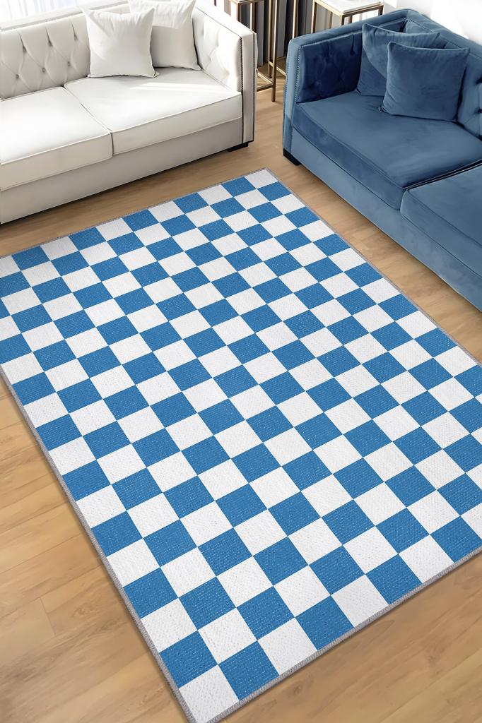 Homshtag Minimalist Mavi Beyaz Halı Kareli Oturma Odası Halısı Retro Tarzı Salon Halısı