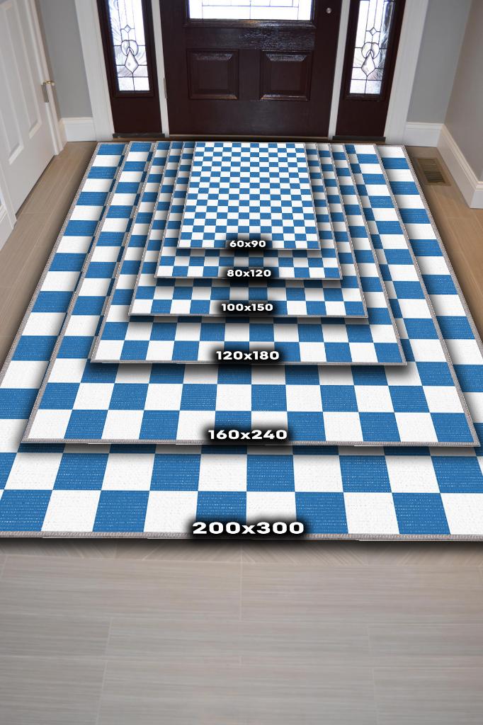 Homshtag Minimalist Mavi Beyaz Halı Kareli Oturma Odası Halısı Retro Tarzı Salon Halısı