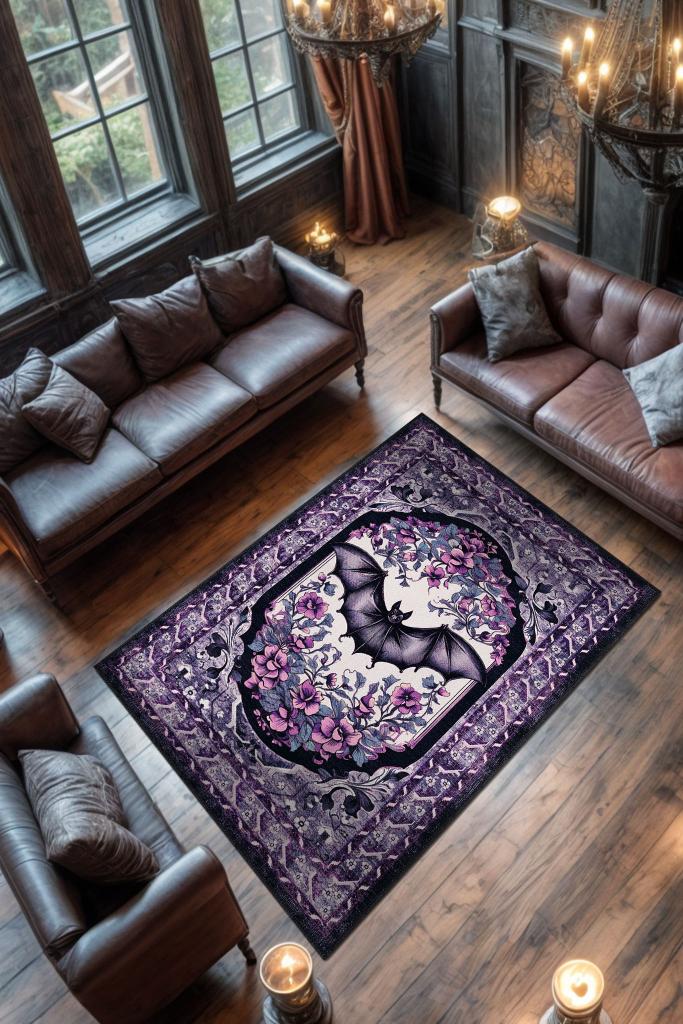 Homshtag Mor Gotik Yarasa Desenli Korku Temalı Salon Halısı Mor Renk Halı Gotik Korku Sanatı Halısı