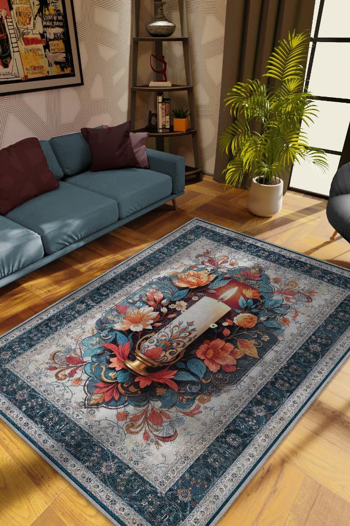 Homshtag Mum Temalı Halı Mavi Gri Meditasyon Halısı Çiçekli Vintage Halı Spiritüel Temalı Halısı