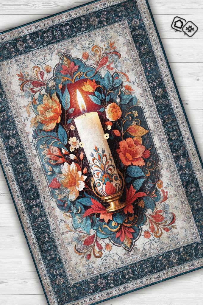 Homshtag Mum Temalı Halı Mavi Gri Meditasyon Halısı Çiçekli Vintage Halı Spiritüel Temalı Halısı