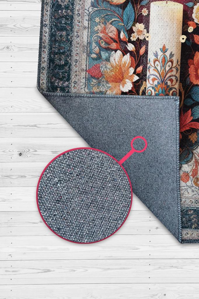 Homshtag Mum Temalı Halı Mavi Gri Meditasyon Halısı Çiçekli Vintage Halı Spiritüel Temalı Halısı