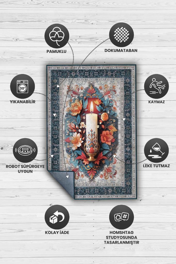 Homshtag Mum Temalı Halı Mavi Gri Meditasyon Halısı Çiçekli Vintage Halı Spiritüel Temalı Halısı