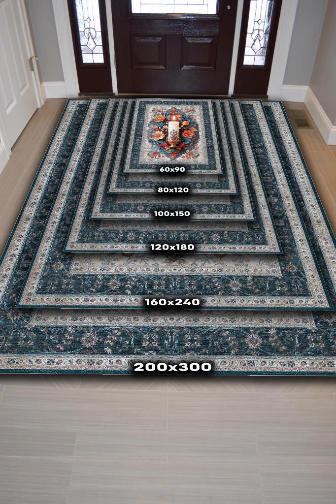 Homshtag Mum Temalı Halı Mavi Gri Meditasyon Halısı Çiçekli Vintage Halı Spiritüel Temalı Halısı