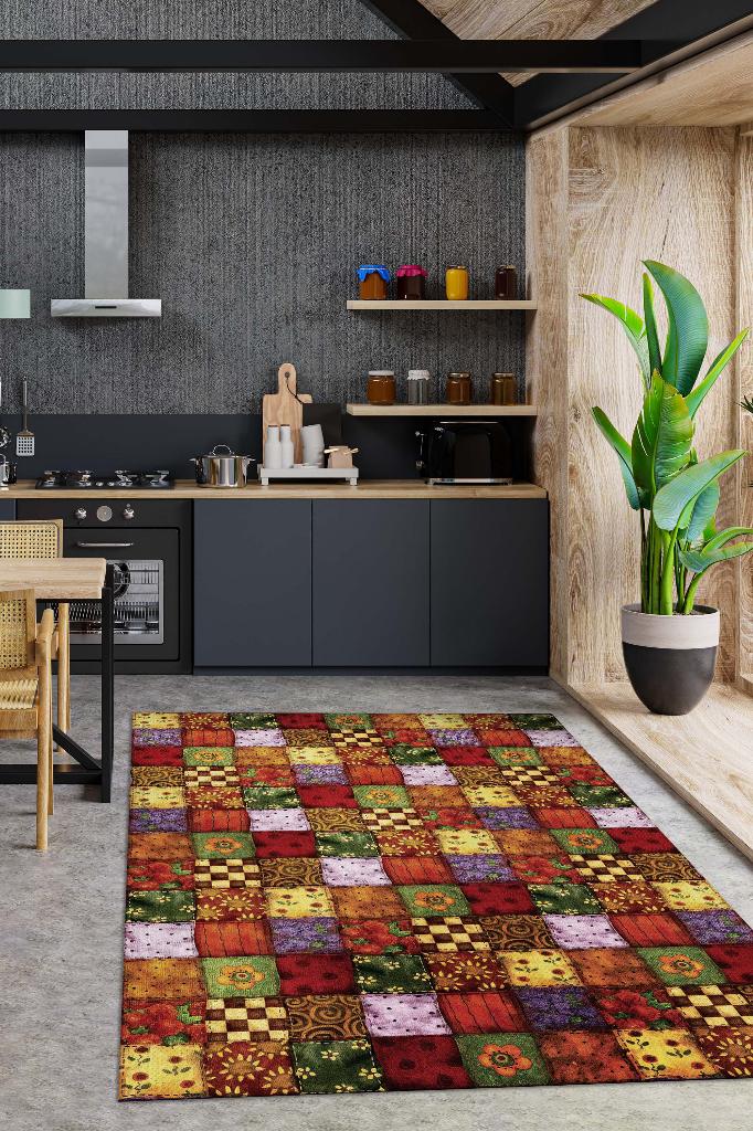 Homshtag Mutfaktaki Bahar Çiçekli Mutfak Halısı Çok Renkli Dekoratif Halı Patchwork Mutfak Halısı