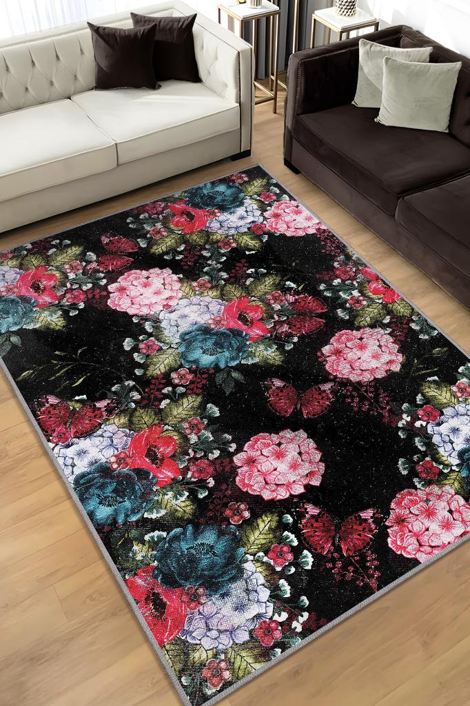 Homshtag Mutlu Çiçek Desenli Salon Halısı Siyah Renkli Oturma Odası Halısı Çiçek Desenli Modern Halı